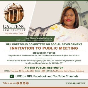 Gauteng Provincial Legislature Social Development Committee public meeting with presentations on DSD performance, non-payment of SASSA grants and closure of Nov 2 shelter.
